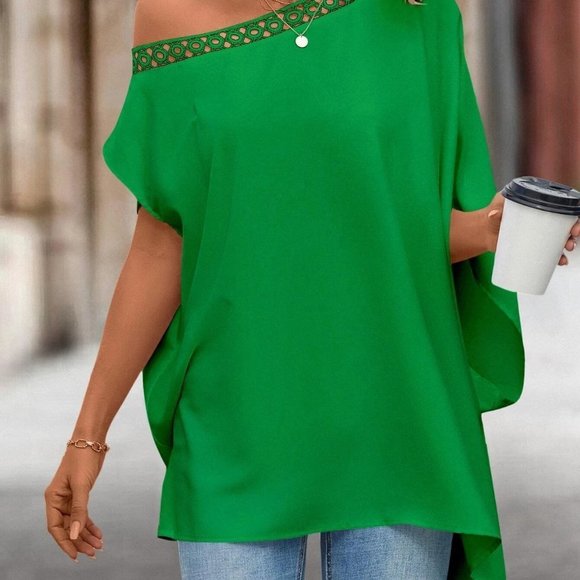 Green Boho Womens Guipure Lace Trim Asymmetrical Neck Batwing Sleeve Blo… - Picture 5 of 5